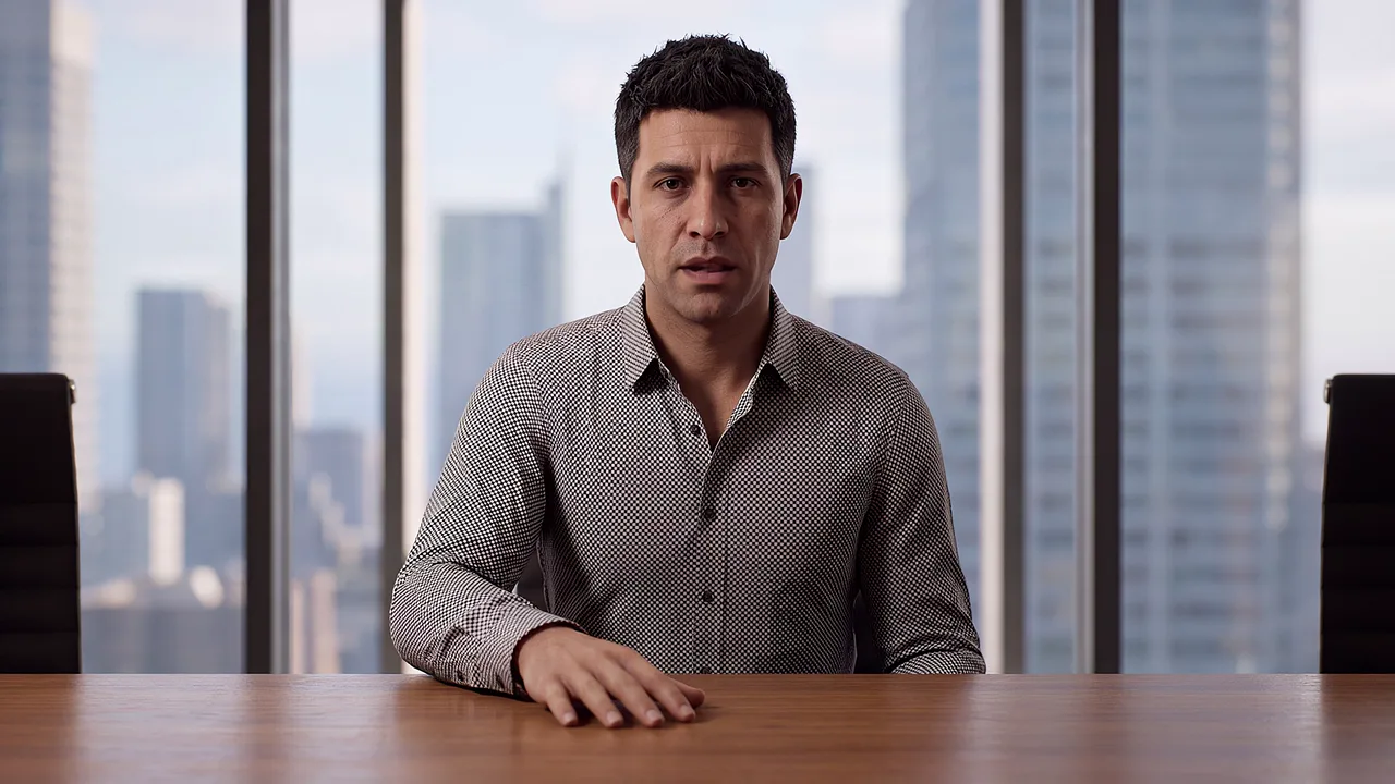 A manager persona pauses mid-sentence in a boardroom, one hand flat on the table, city towers filling the window behind.