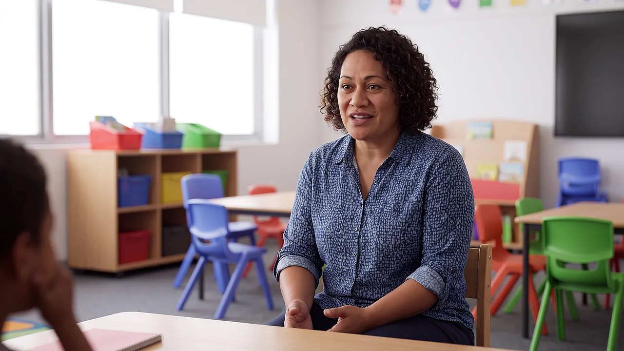 A teacher speaks from her classroom, on screen, mid-sentence with a student out of focus in the foreground.