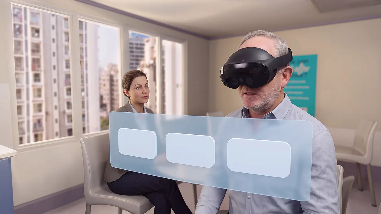 A man wearing a VR headset faces a floating panel of three written replies in a meeting room, two colleagues at the table beyond, choosing his response.
