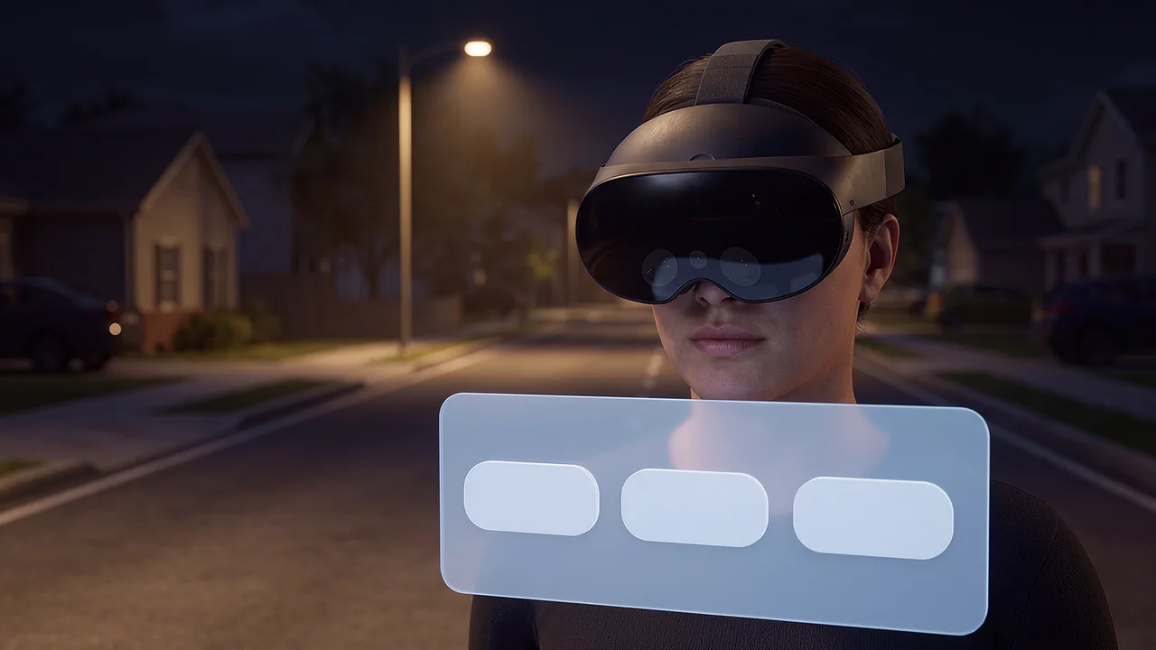 A woman wearing a VR headset faces a blank three-choice panel, a suburban street with parked cars behind her under a single streetlight.