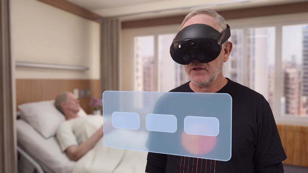 A man wearing a VR headset stands at a hospital bedside facing a floating panel of three choices, a patient in the bed beyond