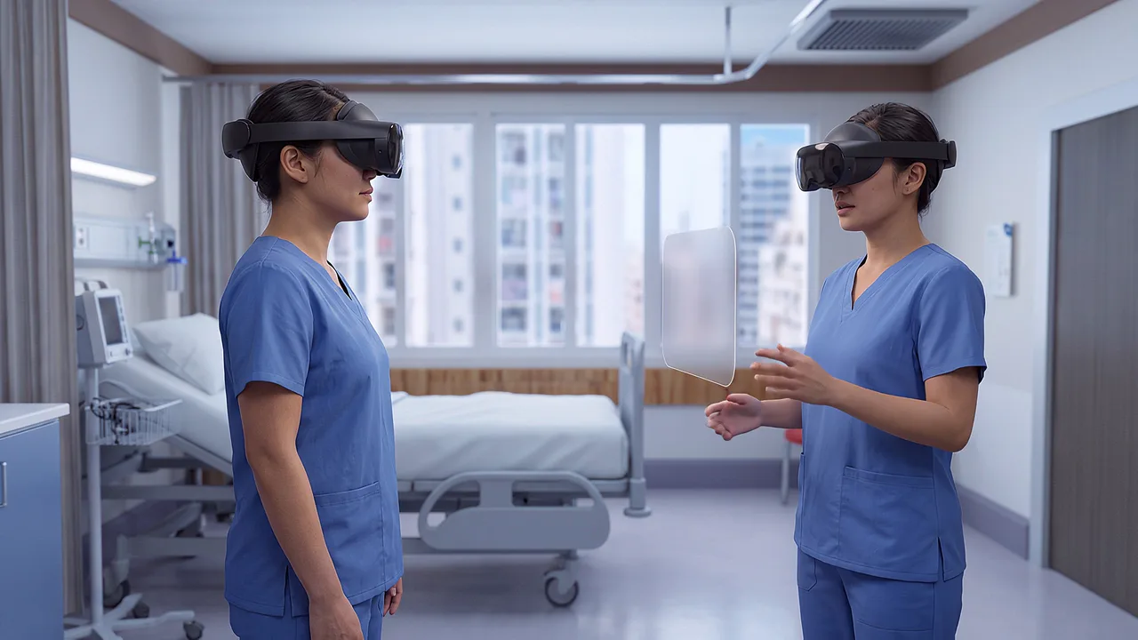 Two nurses face each other in a ward, an information panel between them. A VR training scenario for nursing leadership.