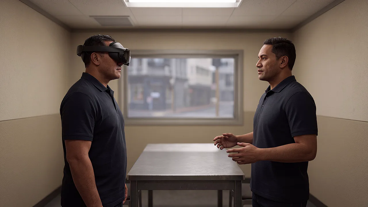 An officer faces a mirrored version of himself across a steel table in a plain room, rehearsing a conversation he will have for real.