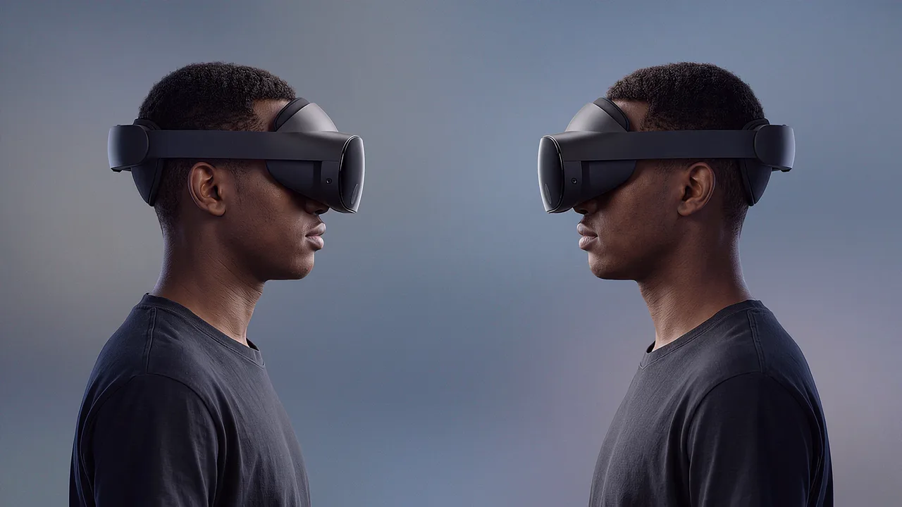 A young man faces a mirrored version of himself, headset to headset, captured in profile against a plain backdrop.