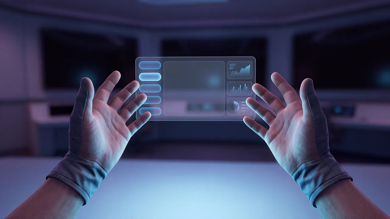A first-person view inside a VR scenario, the wearer's own hands raised in front of them.