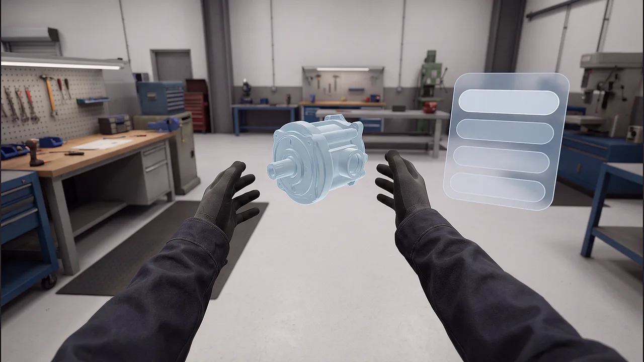 Two hands reach toward a soft translucent pale-blue component floating in the air, a first-person moment from PTR's immersive training showreel.