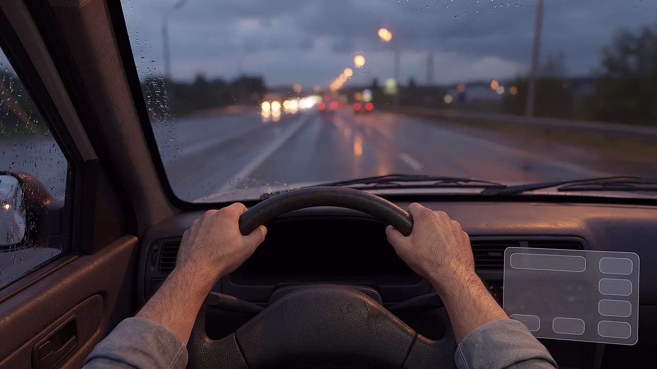 Two hands rest on the wheel, a first-person moment from one of PTR's procedural simulation training scenarios.