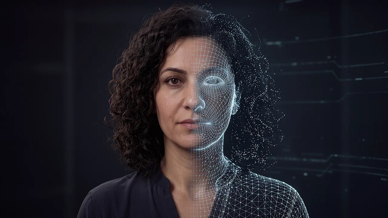A woman's head and shoulders appear half as a realistic digital human and half as a luminous pale-blue wireframe, split down the centre, showing PTR's digital-build process.
