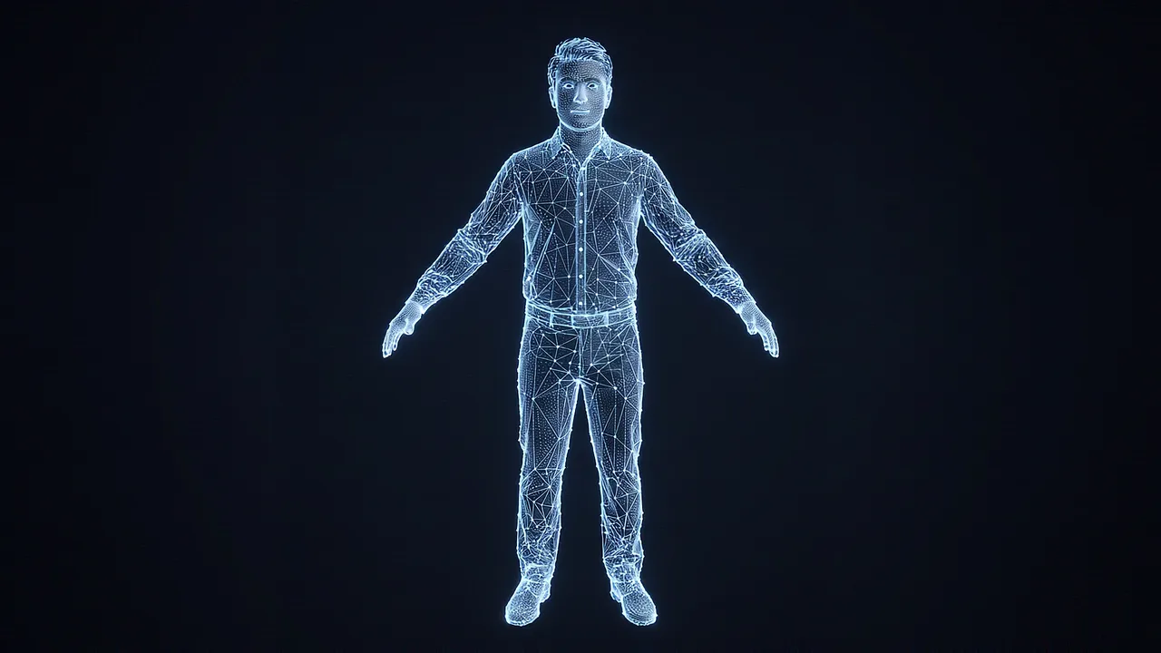 A full-length luminous pale-blue wireframe figure of a man stands with arms slightly out against a deep dark background, an early stage of a digital-human build.