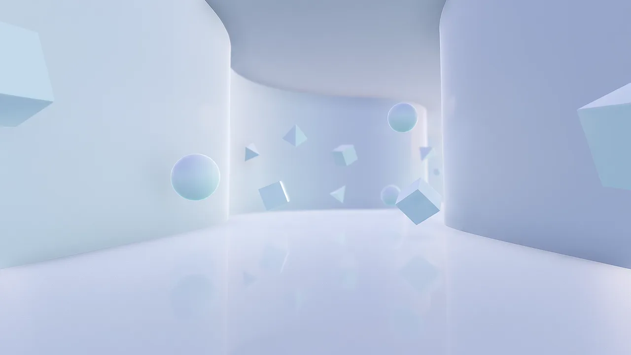An abstract virtual space: soft pale gradient walls, gentle floating pale-blue geometric shapes at different depths, nothing else at all