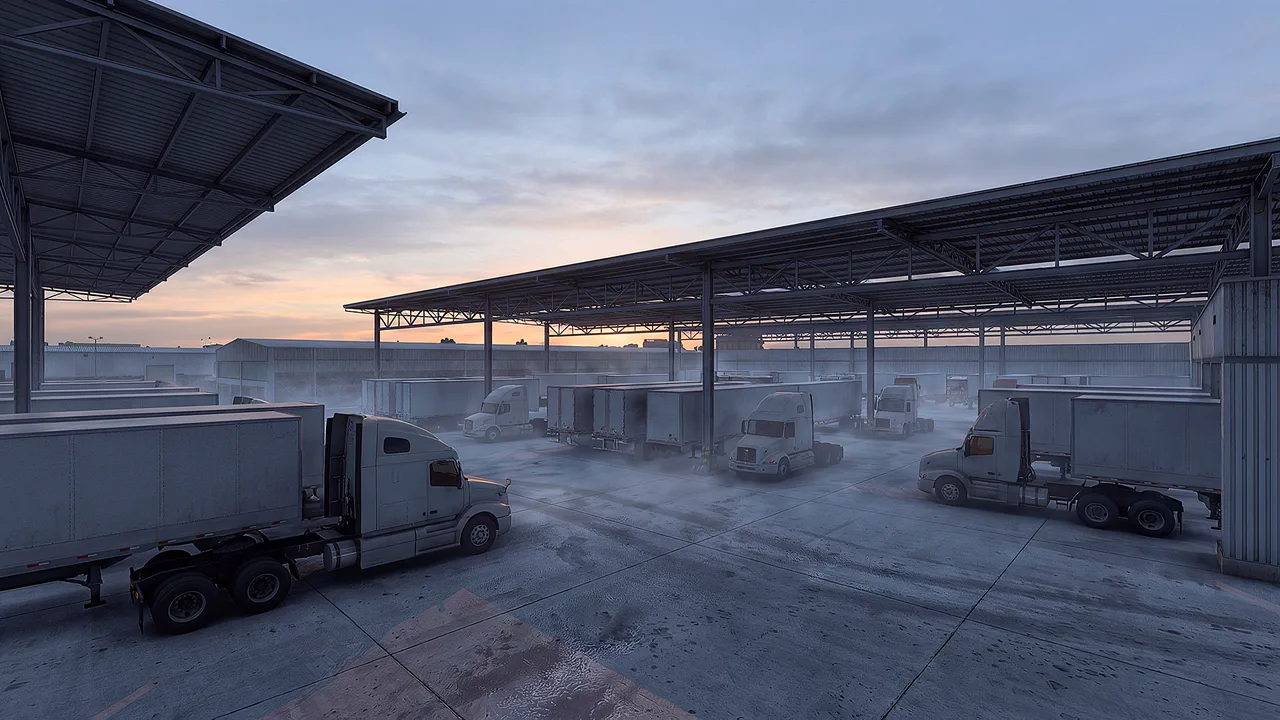 A transport depot at dawn, rows of plain unbranded vehicles under a high roof in cold flat light and low mist, a simulated environment for this practice's settings