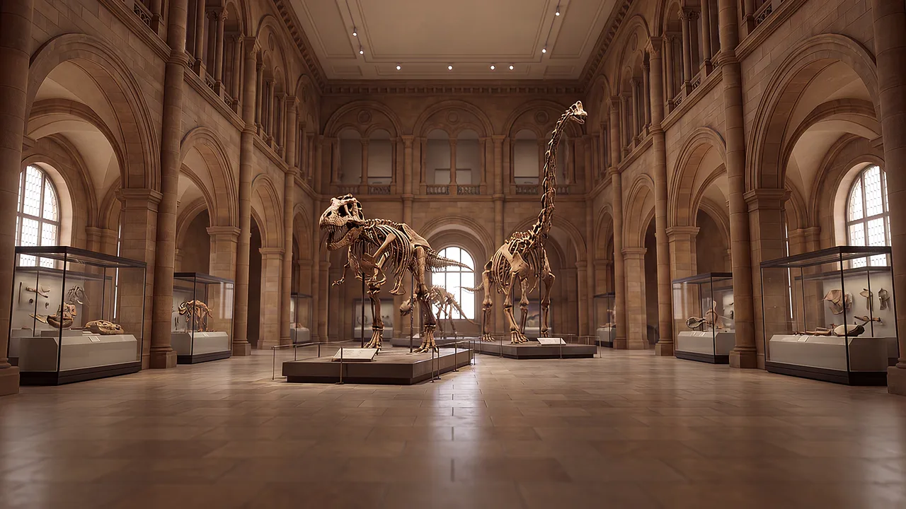 A grand museum hall with stone arches, warm gallery light and large skeleton displays, one of the PTR VR Library's settings.