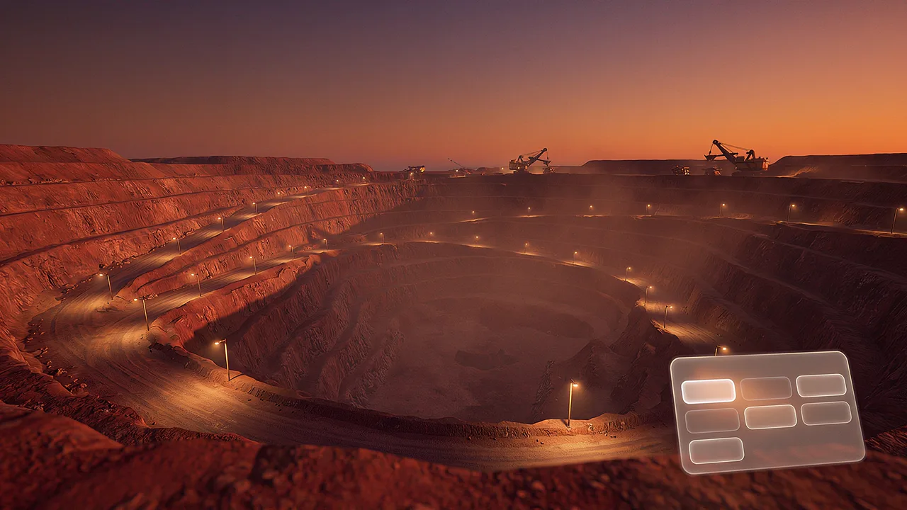 An open-cut mine pit at dusk, terraced red walls and haul road lights coming on under a deep orange sky, a simulated environment for the settings this practice happens in