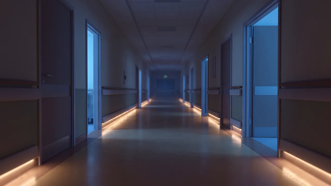 A long hospital ward corridor at night, lit by low floor lighting and the cool spill from open doorways, a simulated environment for the settings this practice happens in.