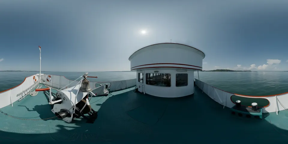 A ferry foredeck on open water under a bright sky. The whole 360 sphere of the scene unwrapped into one wide strip, as the viewer stores it.