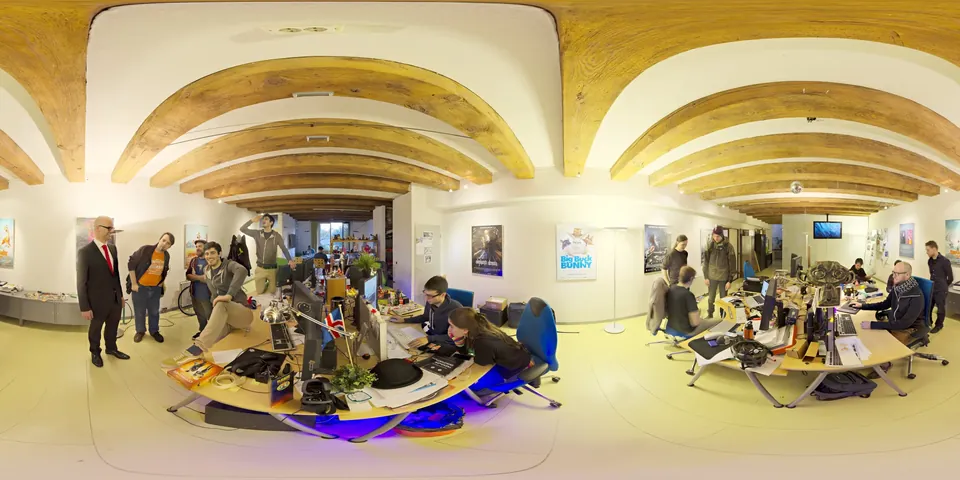 The Blender Institute interior. The whole 360 sphere of the scene unwrapped into one wide strip, as the viewer stores it.