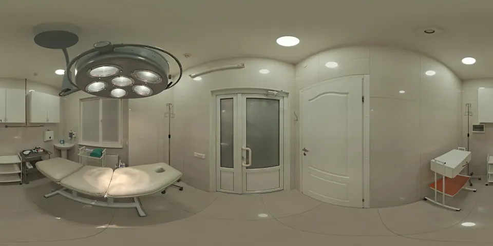 A hospital room. The whole 360 sphere of the scene unwrapped into one wide strip, as the viewer stores it.