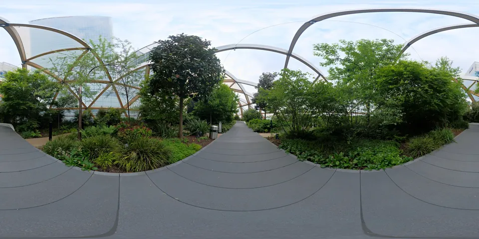 A roof garden. The whole 360 sphere of the scene unwrapped into one wide strip, as the viewer stores it.