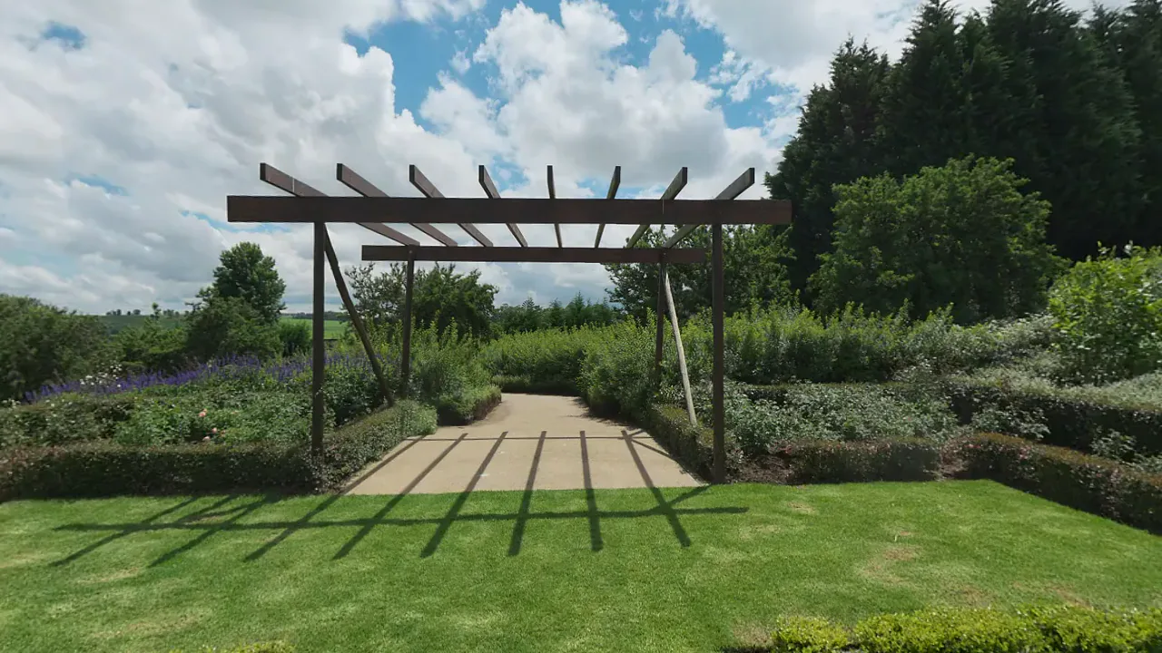 A symmetrical garden. A looping 360 scene built as a Fast Builds 360 experience, shown flat.
