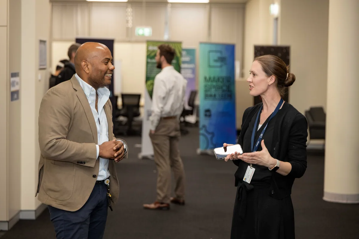 A conversation in the co-working space. PTR VR Library public launch at Smart Precinct NQ, Townsville, 18 July 2024.