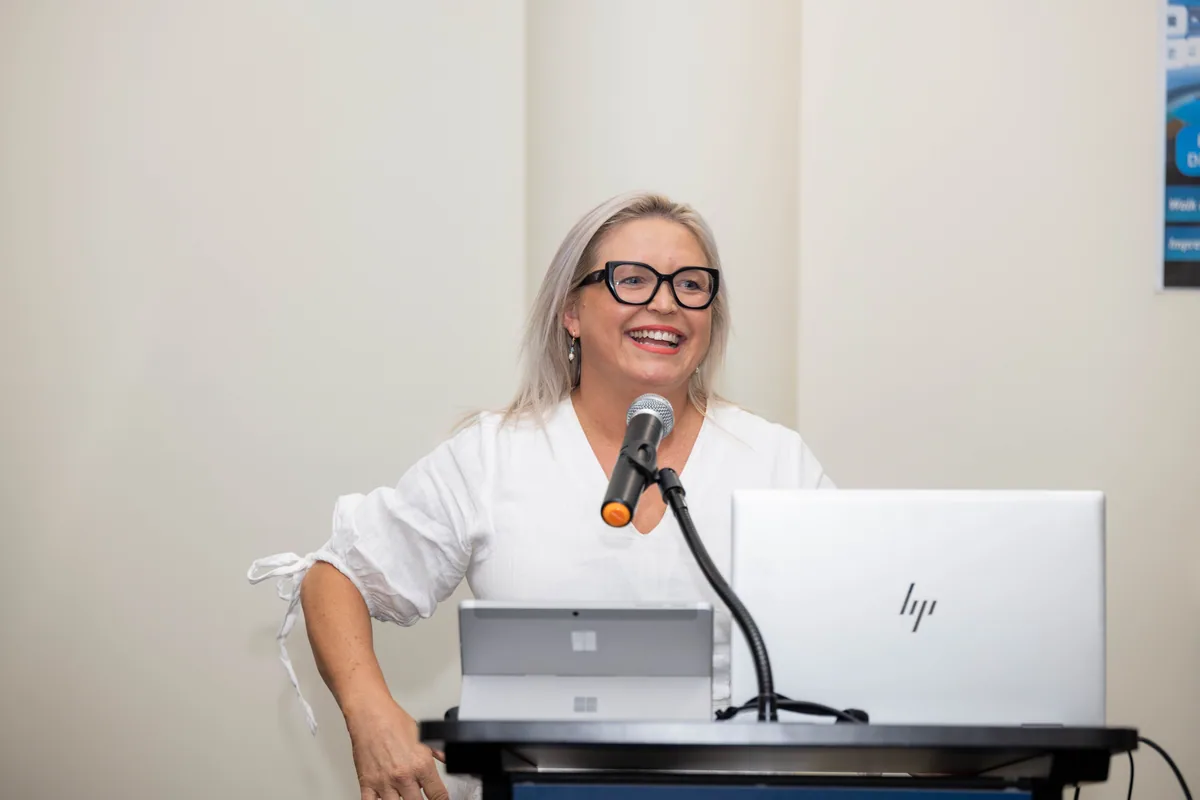 Finishing the welcome at the lectern. PTR VR Library public launch at Smart Precinct NQ, Townsville, 18 July 2024.