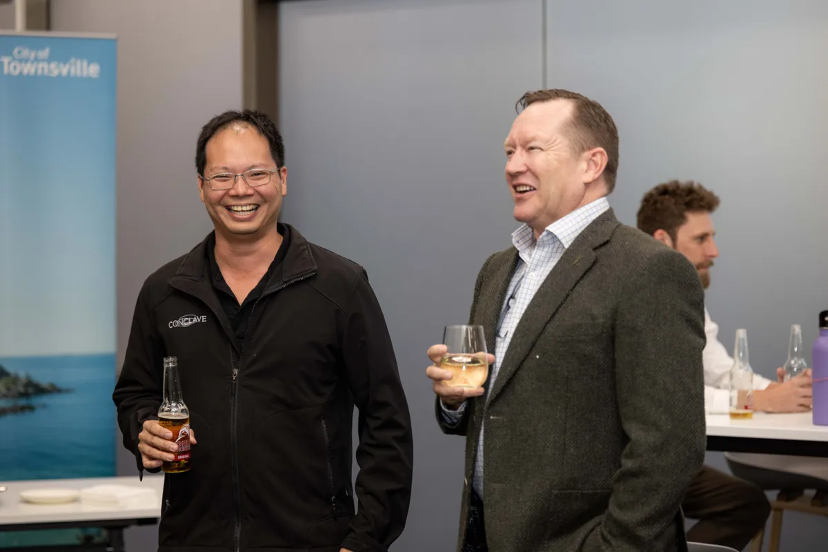 Guests catching up before the room fills. PTR VR Library public launch at Smart Precinct NQ, Townsville, 18 July 2024.