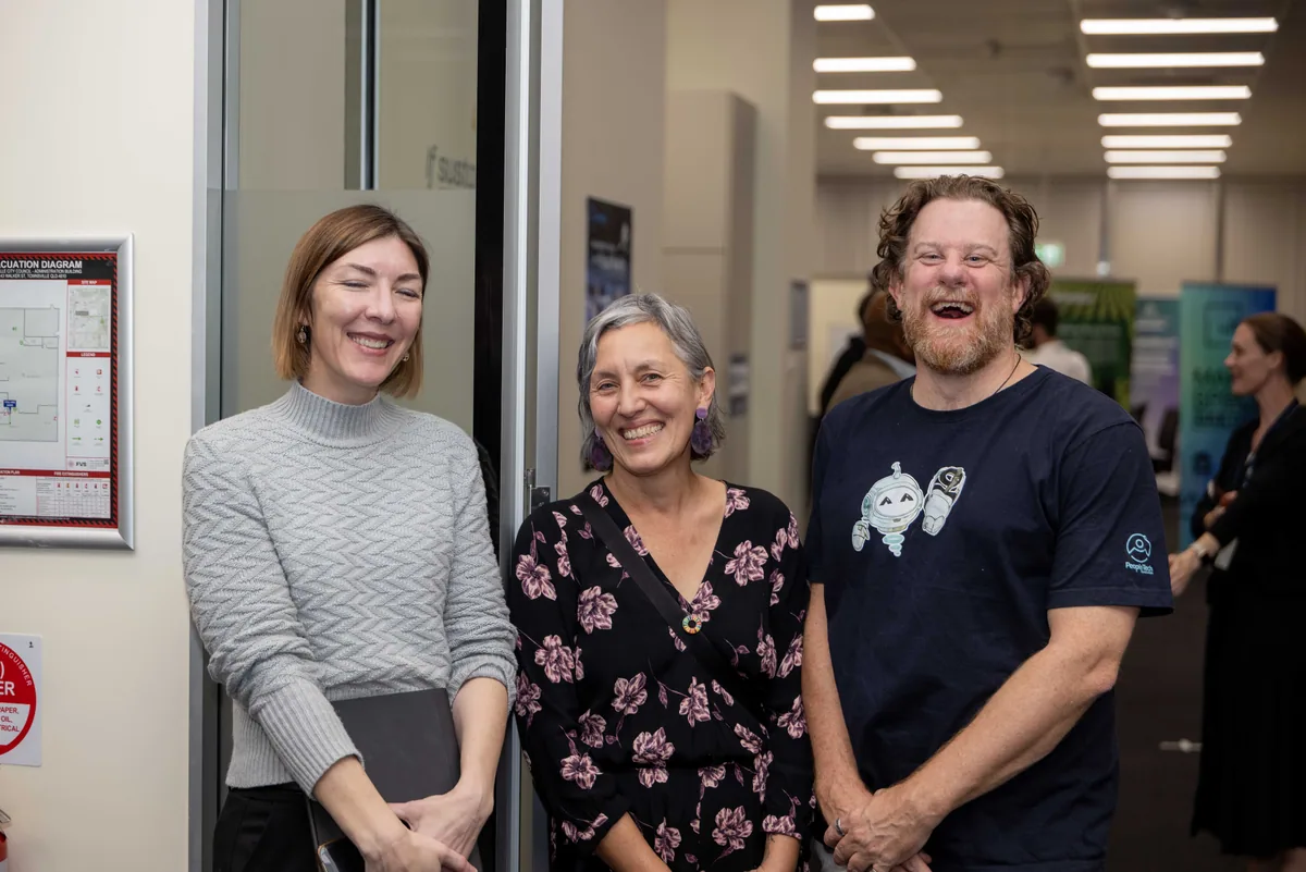 Leonie Sanderson and Simon Lowe with a guest. PTR VR Library public launch at Smart Precinct NQ, Townsville, 18 July 2024.