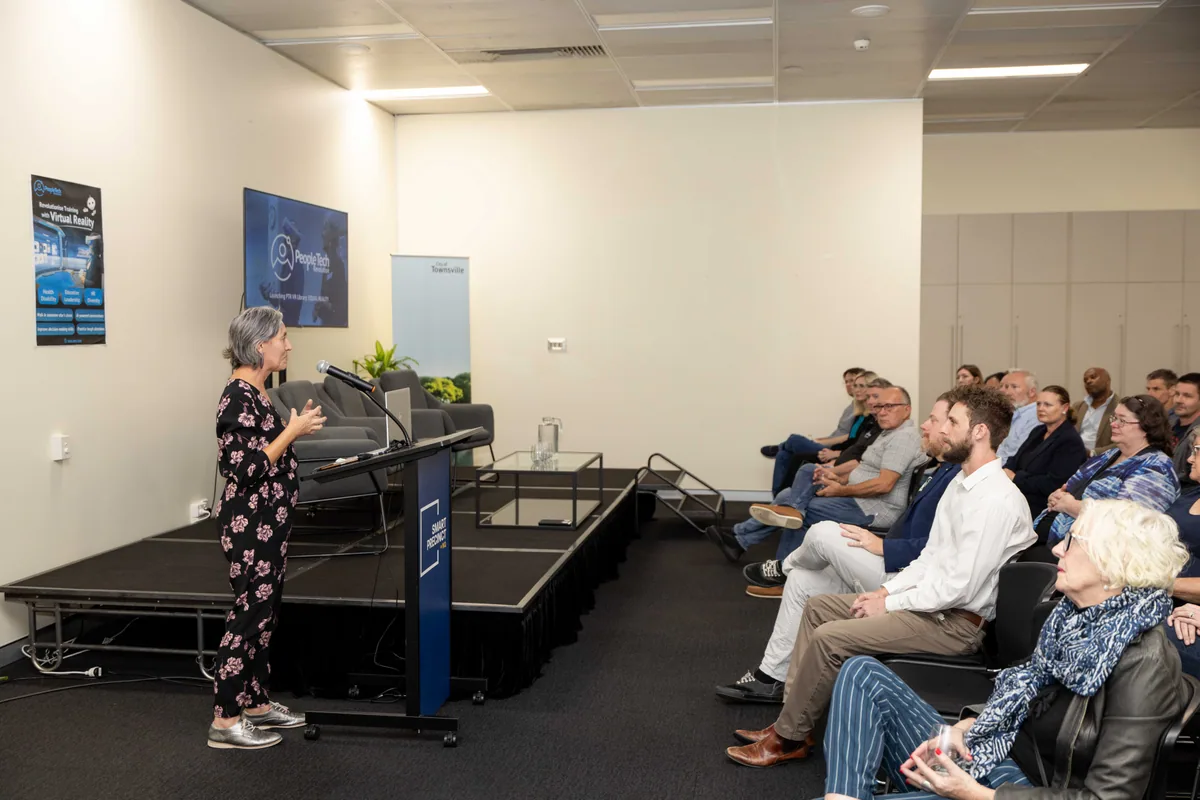 Opening the program to a seated room. PTR VR Library public launch at Smart Precinct NQ, Townsville, 18 July 2024.