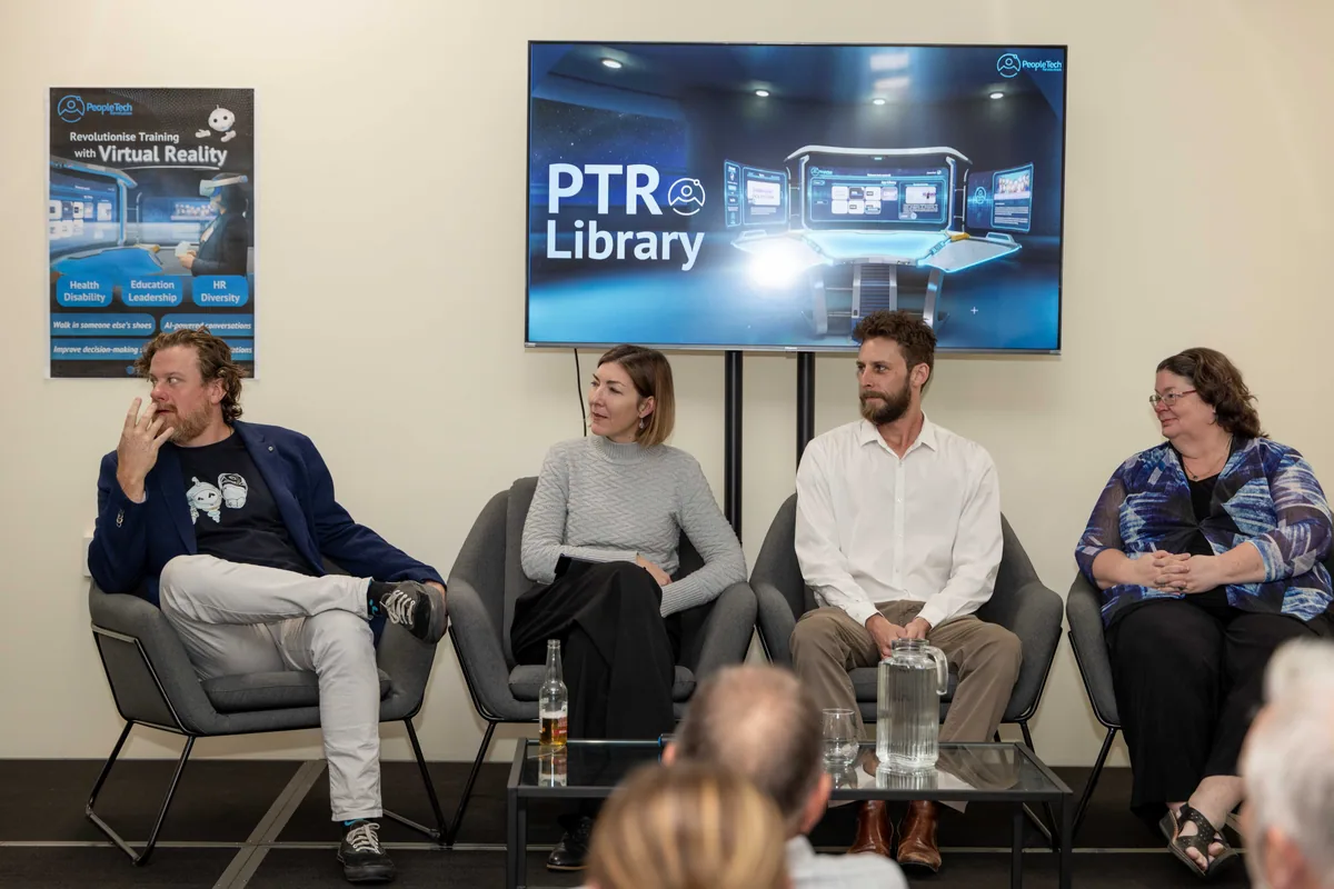 The panel settling in front of the room. PTR VR Library public launch at Smart Precinct NQ, Townsville, 18 July 2024.