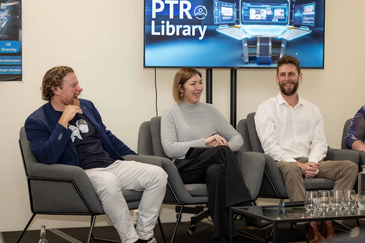 The panel taking a question from the floor. PTR VR Library public launch at Smart Precinct NQ, Townsville, 18 July 2024.