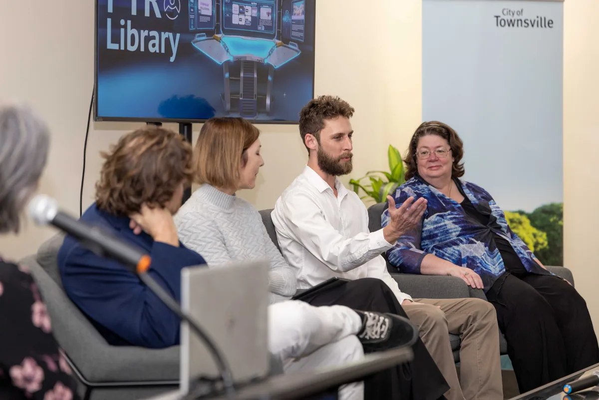 A panellist making a point. PTR VR Library public launch at Smart Precinct NQ, Townsville, 18 July 2024.