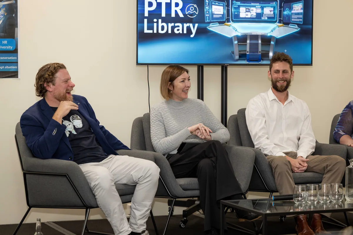 Three panellists during the discussion. PTR VR Library public launch at Smart Precinct NQ, Townsville, 18 July 2024.