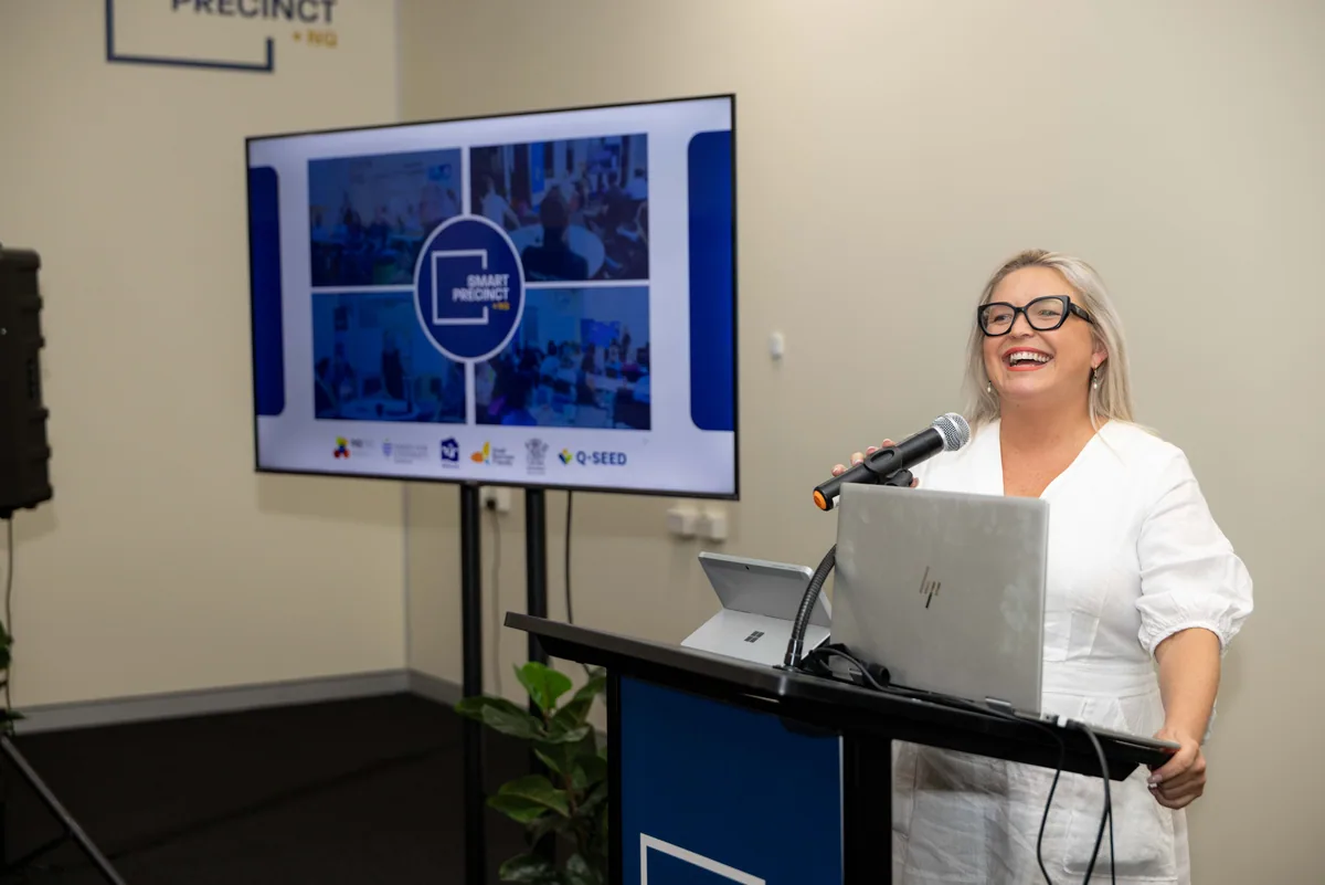 The welcome, mid-sentence at the lectern. PTR VR Library public launch at Smart Precinct NQ, Townsville, 18 July 2024.