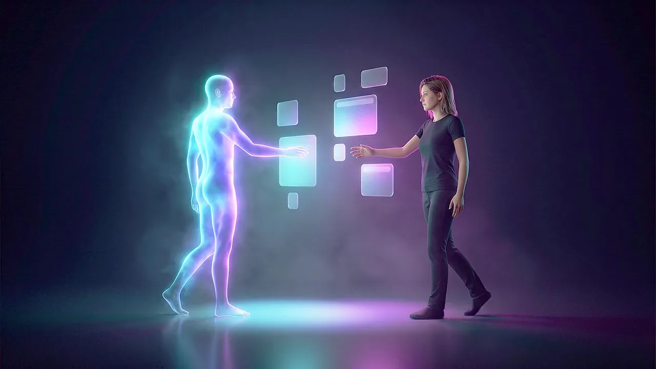 A figure made of light passes a set of glowing panels to a woman stepping into the frame in a dark studio.