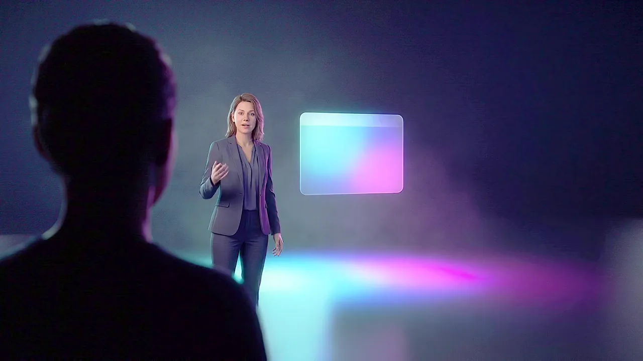 A person watches in silhouette from the foreground while a woman stands lit further back in a dark studio, speaking beside a glowing panel.