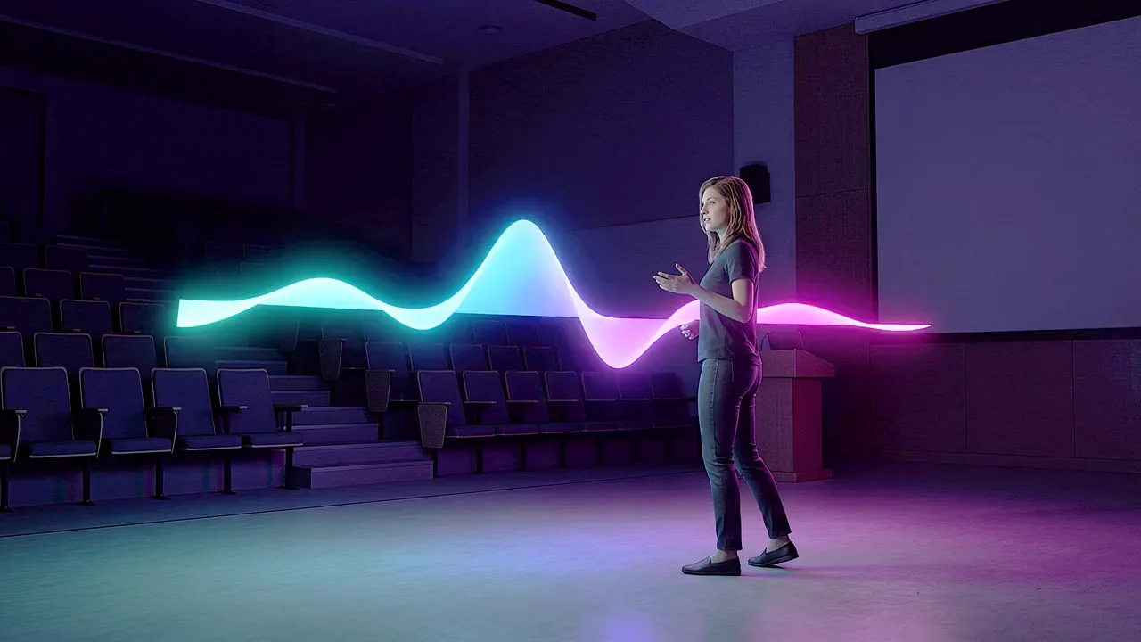A woman stands in an empty lecture theatre, a band of sound running the width of the frame as she speaks.