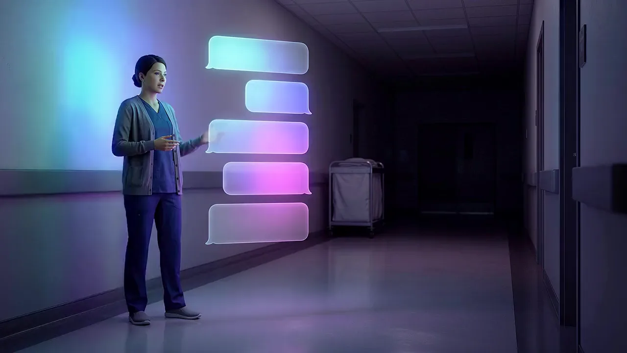 A man in a cardigan stands in a darkened hospital corridor beside a stack of glowing message panels.