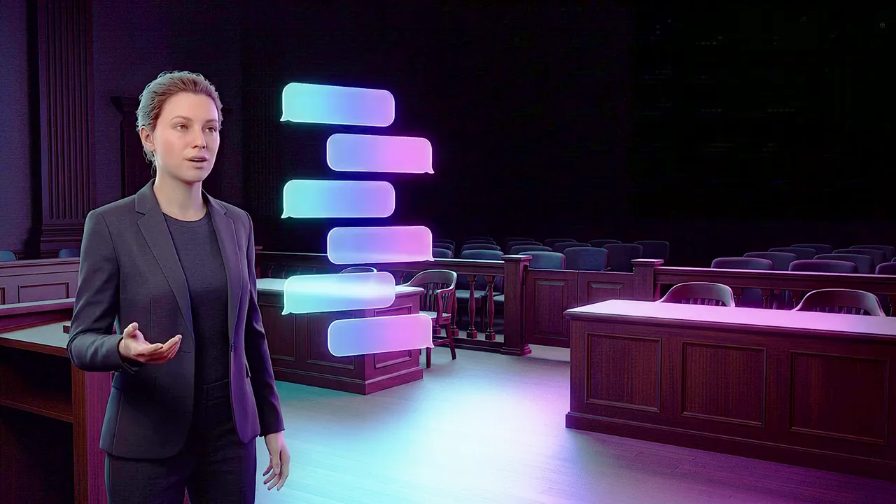 A woman stands in an empty courtroom beside a stack of glowing message panels.