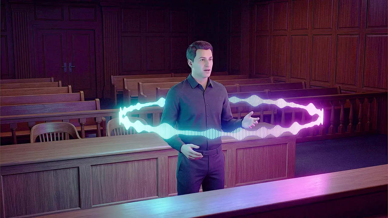 A man stands in an empty courtroom, a bright band of sound running the width of the frame as he speaks.