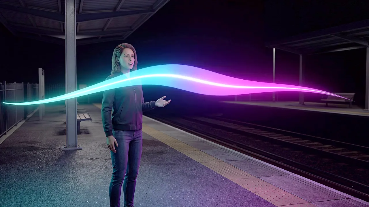 A woman stands on an empty railway platform, a ribbon of light running along the platform as she speaks.