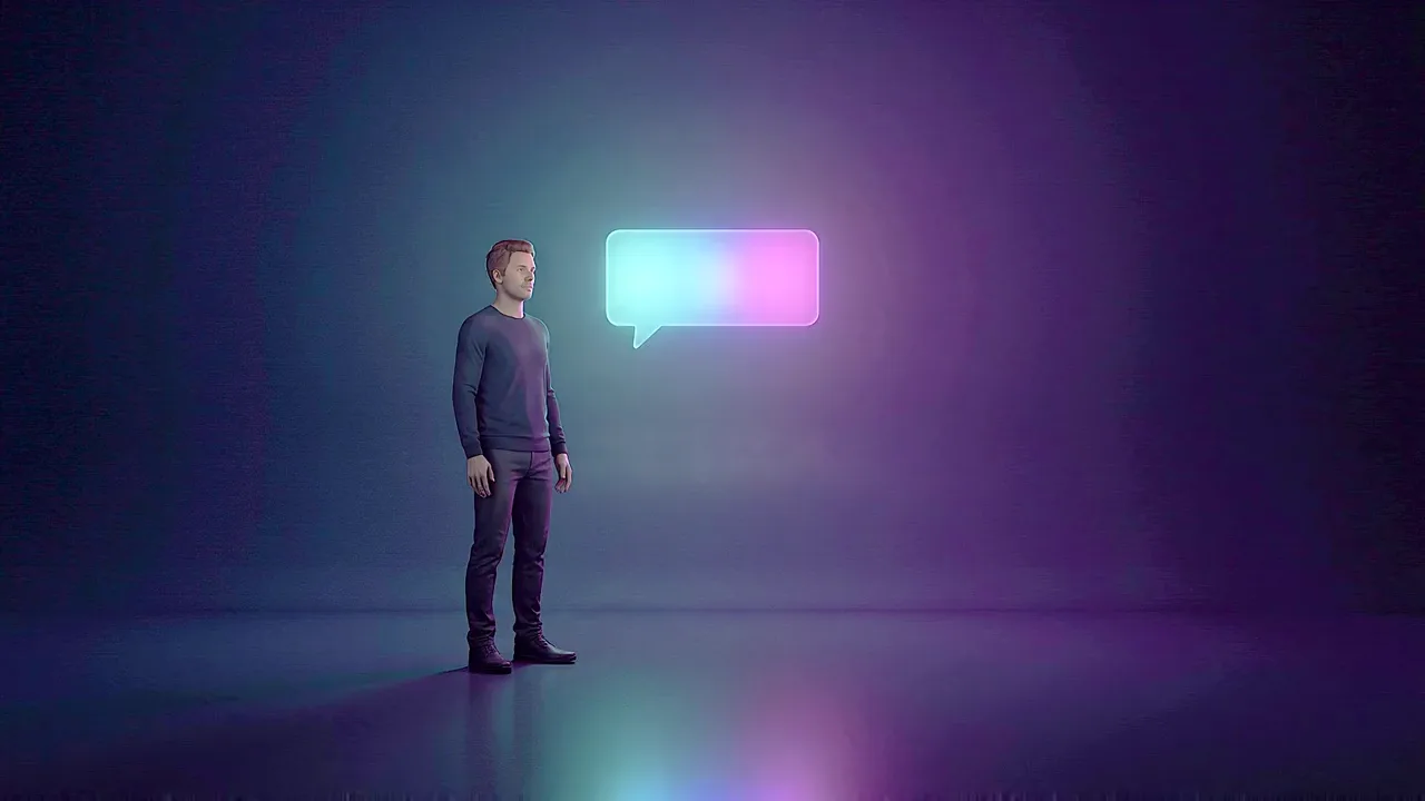 A man stands alone in a large dark room, a single glowing message panel lit beside him.