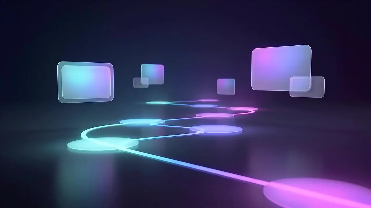 Glowing message panels float in a dark studio, a ribbon of light winding away from them into the distance.