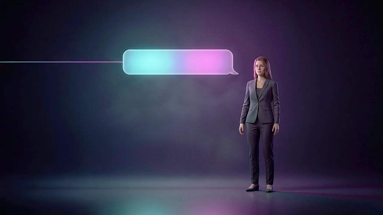 A woman stands in a dark studio as a line of light runs in to a glowing message panel beside her.