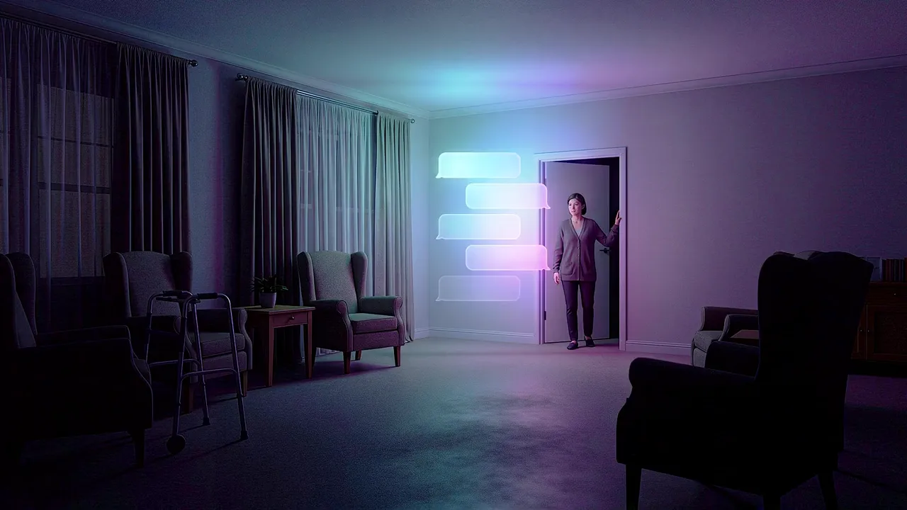 A support worker stands in the doorway of a darkened aged-care lounge, a stack of glowing message panels lit beside her.