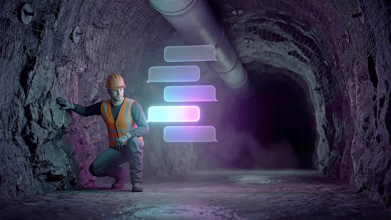 A miner in a hi-vis vest crouches at the rock face of an underground drive, a stack of glowing message panels beside them.