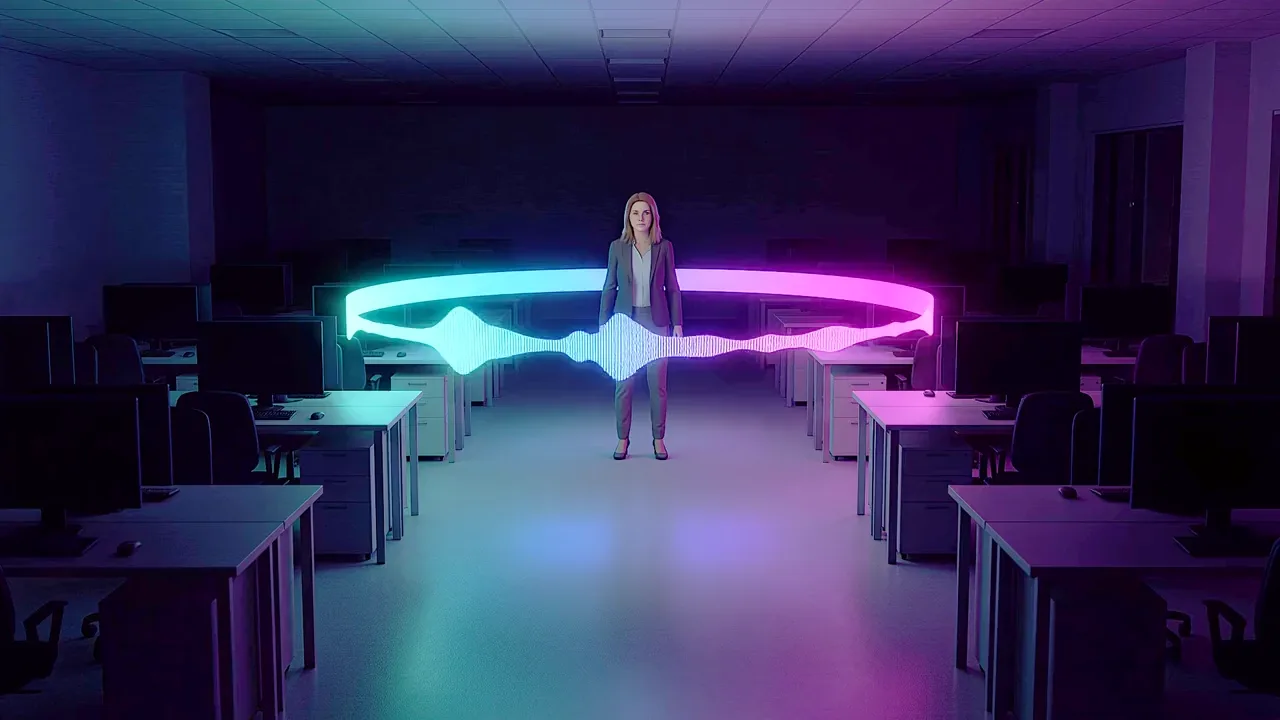 A woman stands small at the far end of an empty open-plan floor, a ribbon of light spanning the desks toward her.