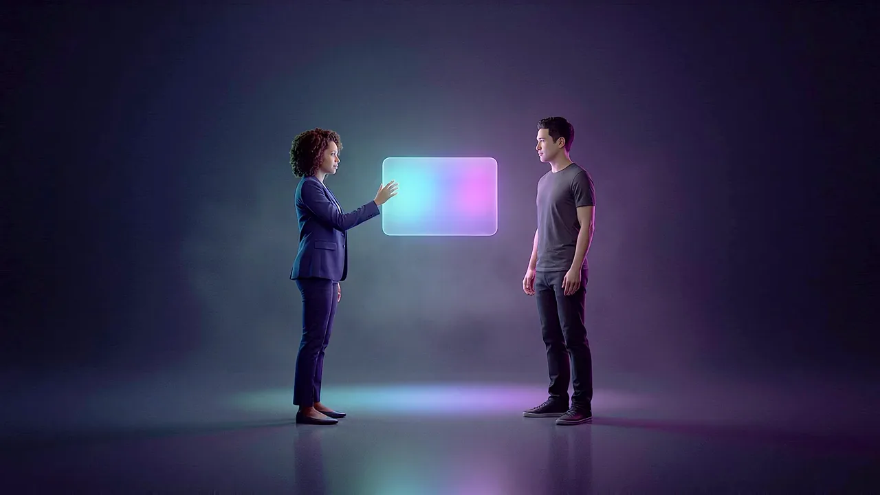 A woman in a navy suit and a man in a grey T-shirt stand facing each other in a dark studio, a single glowing panel floating between them at chest height.