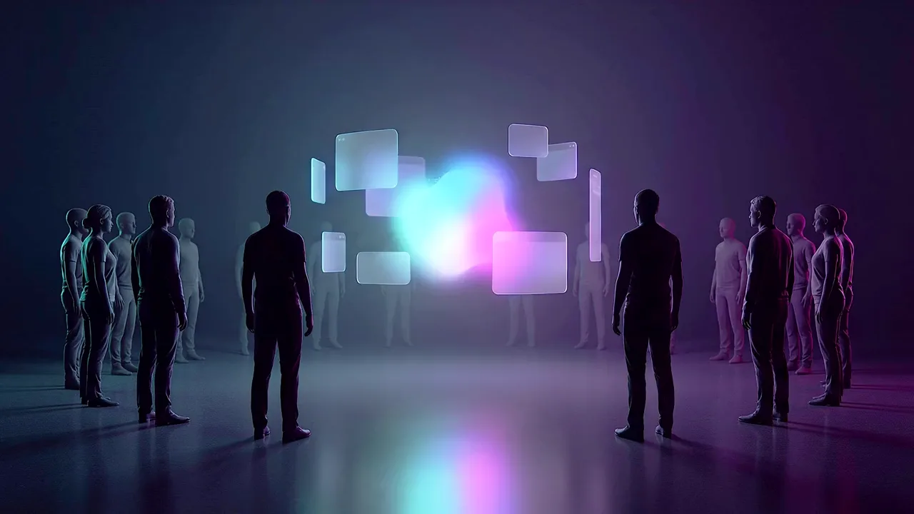 A ring of people stands in a dark room facing a cluster of glowing panels and one bright shape at the centre.
