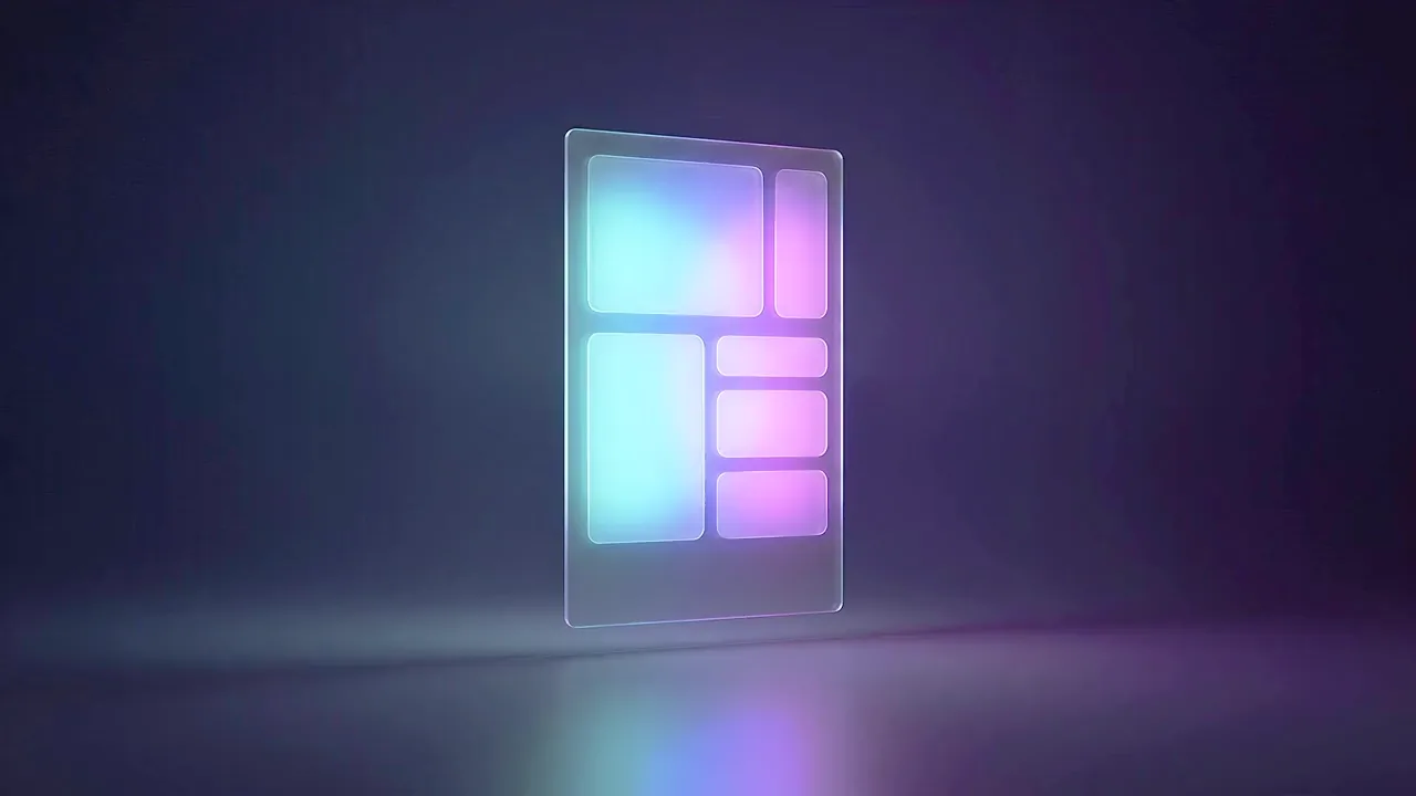 A tall glass panel stands upright in a dark room, its blocks lit in blue and pink but empty of any writing.