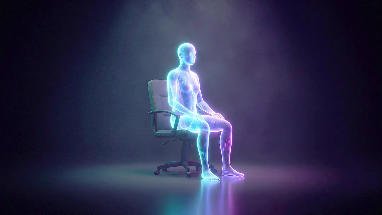 A glowing translucent human figure sits in a real office chair in a dark room, its light spilling onto the seat and the floor.